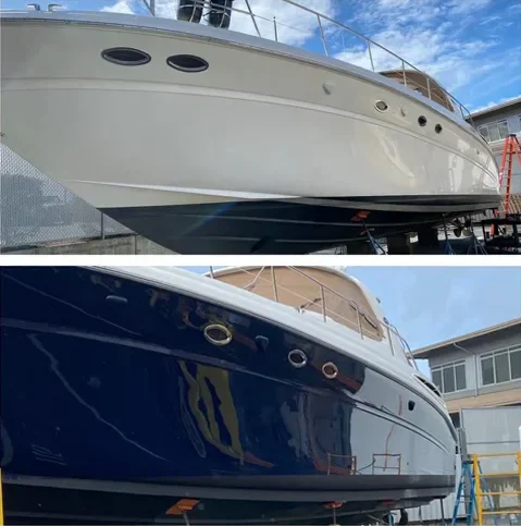 A two-panel image showing a white and blue Sea Ray boat