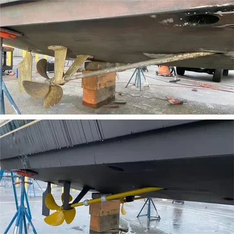 Before and after comparison of a boat's propeller and hull