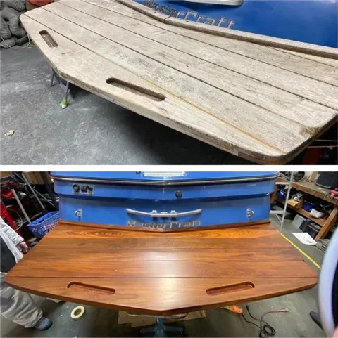 A before and after image of a weathered wooden boat swim platform that has been restored